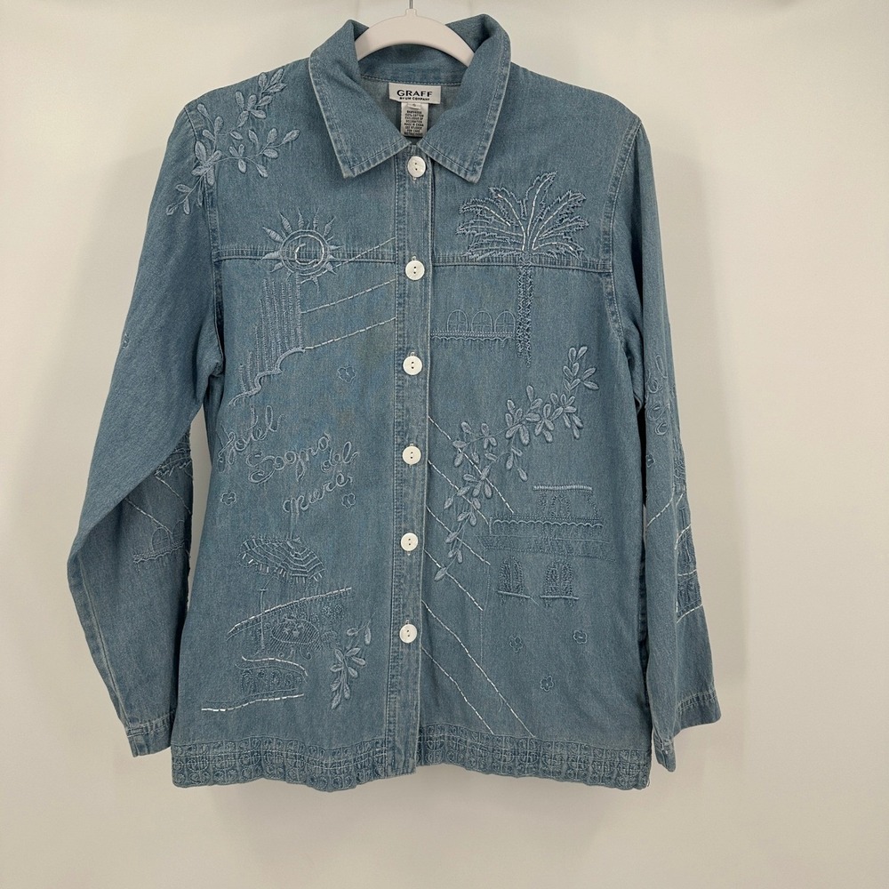 Womens Vintage Denim Chambray Shabby Chic Top‎ Size S Boho Eclectic Embroidered